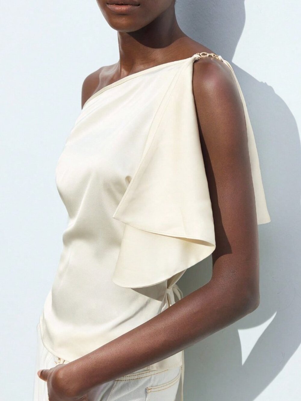 White Elegant Women's Asymmetrical Neck Top